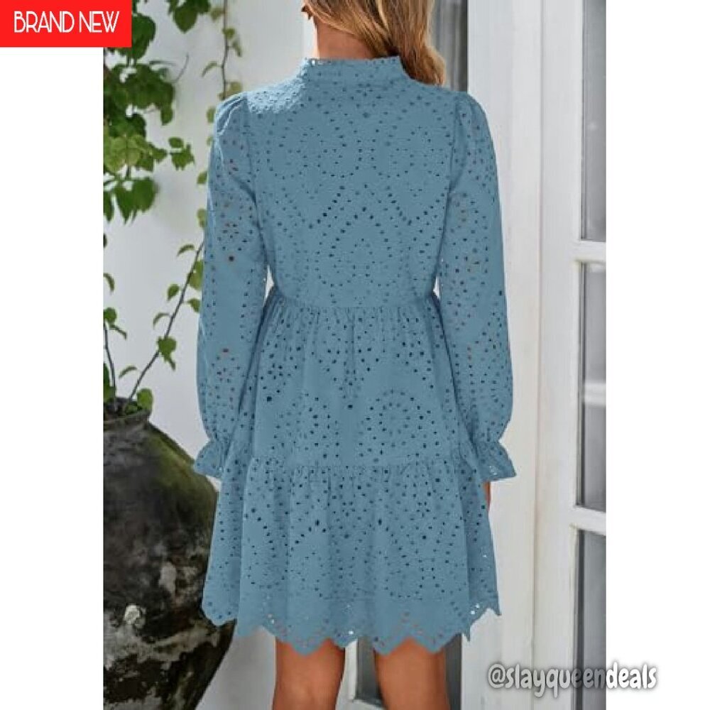 Long Puff Sleeve Mini Dress Lace V Neck A Line Ruffle Casual Party - Picture 3 of 8